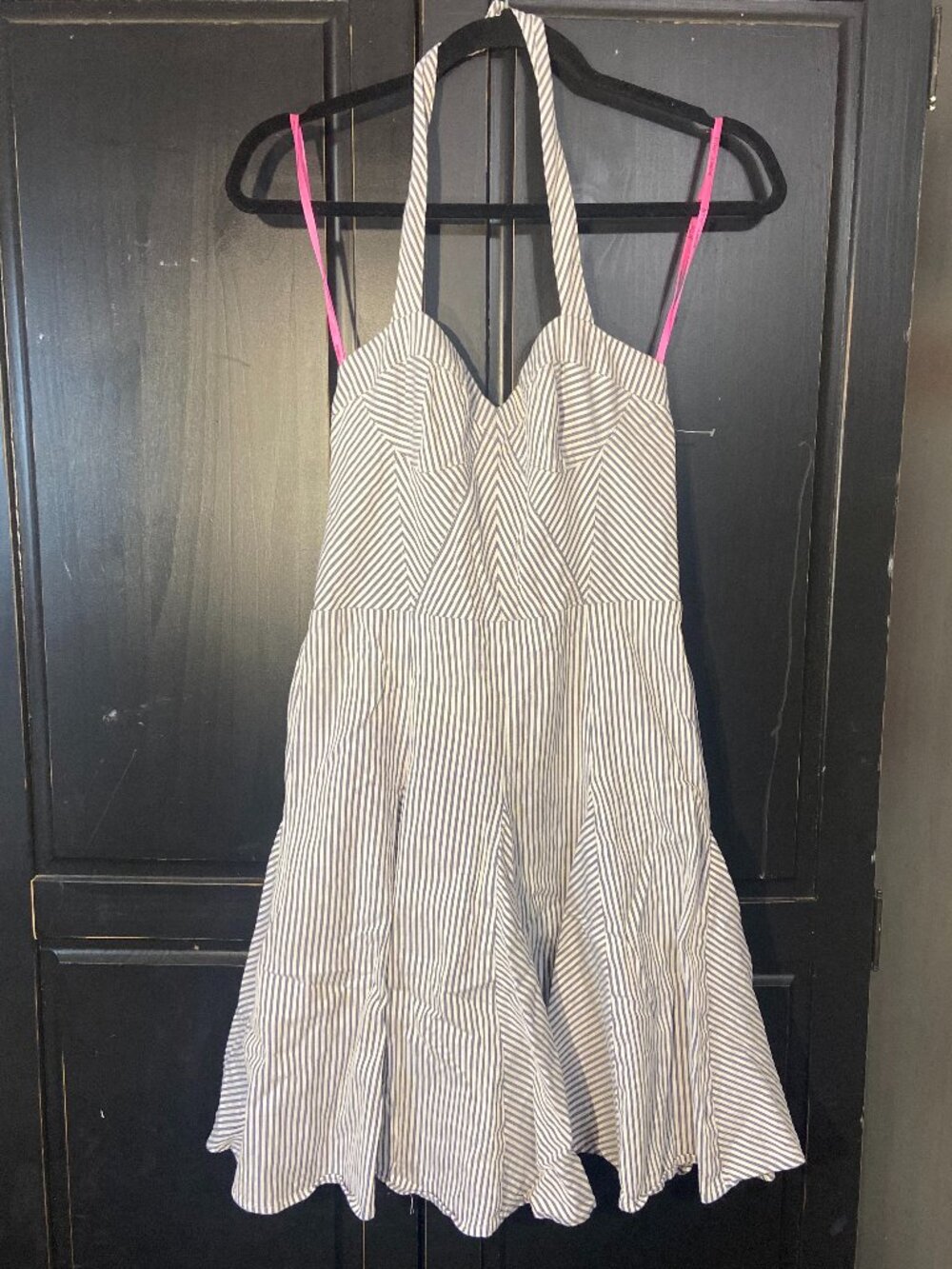 Betsy Johnson White Blue Striped Seersucker Sweetheart Halter Dress Womens 8 y2K